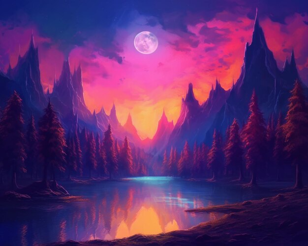 A Lone Moon lit up by nature in the style of synth wave Elaborate landscapes light indigo color