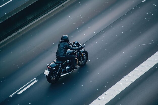 Одинокий мотоциклист едет на полной скорости по открытому шоссе