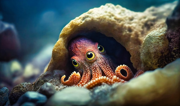 A lone octopus peeking out from under a rock