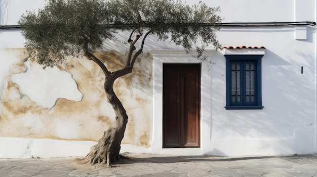 Одинокое оливковое дерево на фоне белого фасада дома, сгенерированного искусственным интеллектом