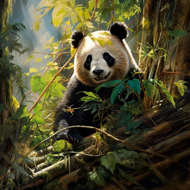 Photo a lone panda bear sitting amidst a lush bamboo grove in the forest