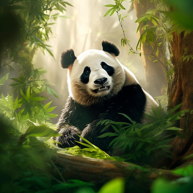 Photo a lone panda bear sitting amidst a lush bamboo grove in the forest