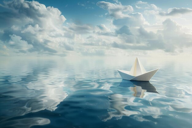 Lone paper boat sailing in ocean