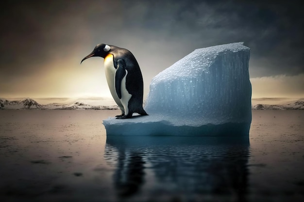 A lone penguin on a small block of ice cut off by melting Ai generated