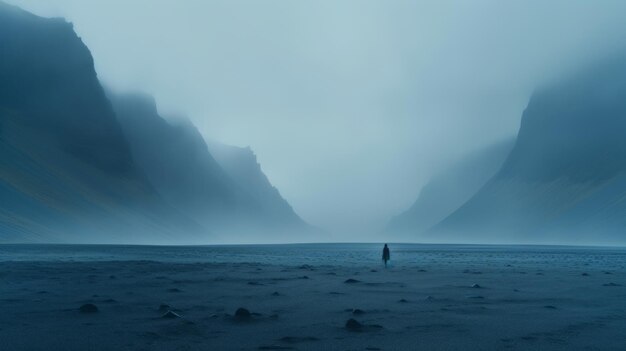 A lone person standing in the middle of a foggy valley