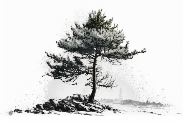 A lone pine tree over white