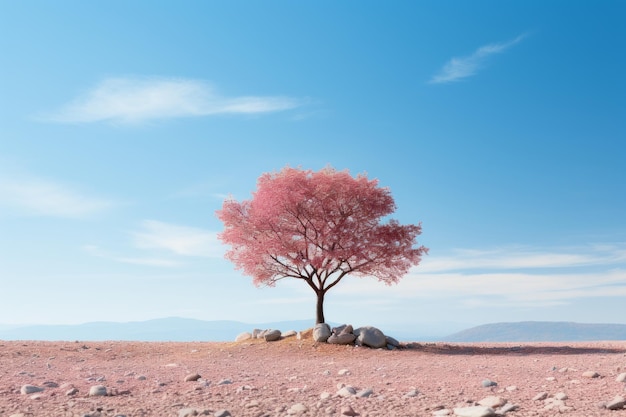 a lone pink tree in the middle of a desert