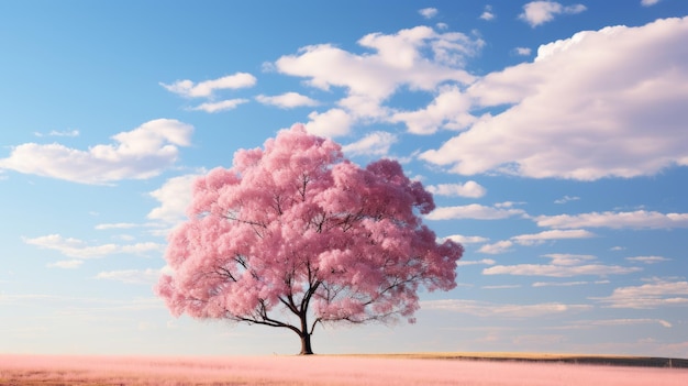 a lone pink tree stands in the middle of a field