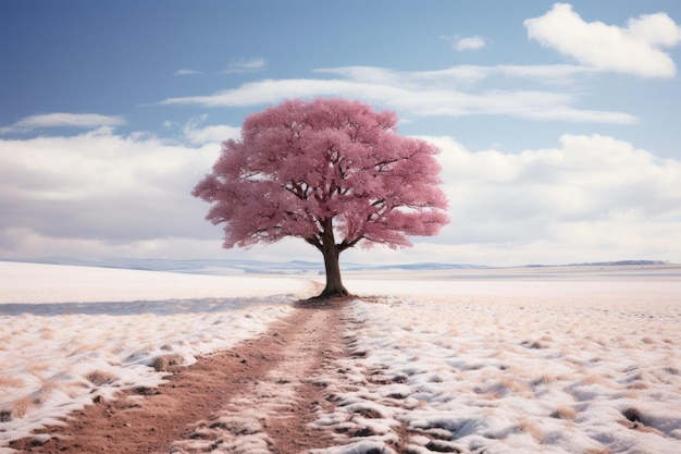 a lone pink tree stands in the middle of a snowy field