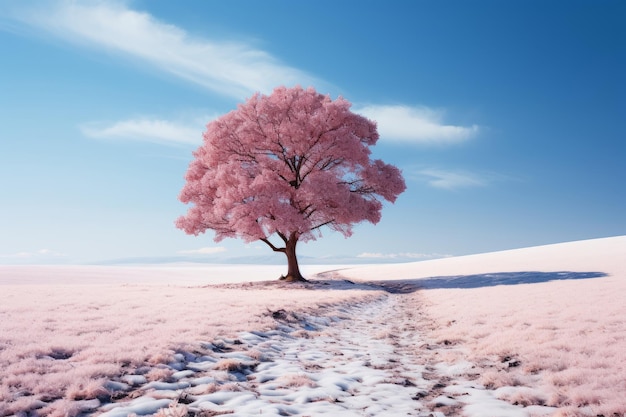 a lone pink tree stands in the middle of a snowy field