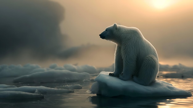 溶け て いる 氷 の 上 に いる 孤独 な 北極 熊