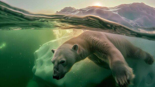 Photo a lone polar bear swims through the icy waters of the north its desperate search for food hindered