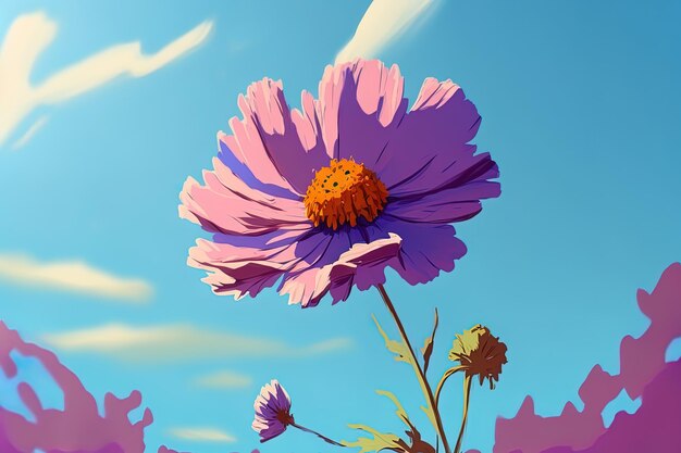 A lone purple bloom against a blue sky