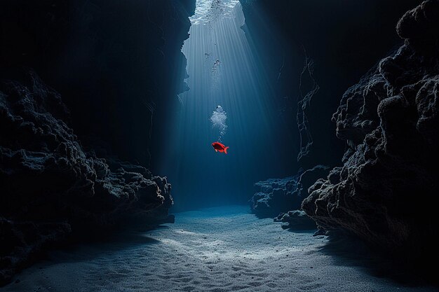 A lone red fish navigating through underwater caves