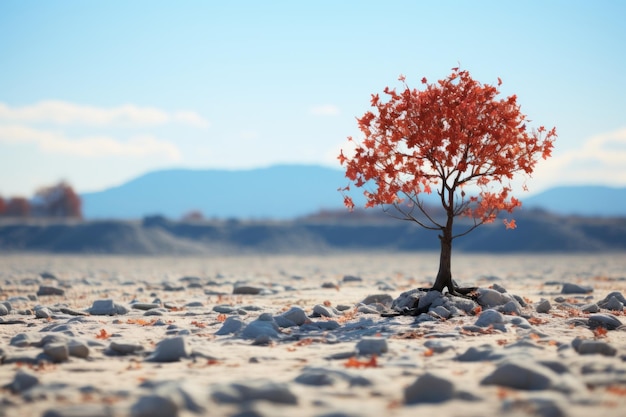 a lone red tree in the middle of a barren field