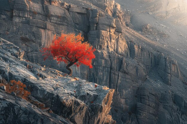 Photo a lone red tree on a rocky cliff