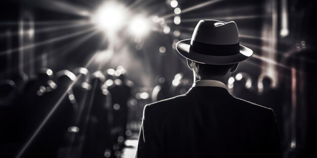 Foto lone retro gentleman een stijlvolle rock artiest silhouetted op dark vintage achtergrond