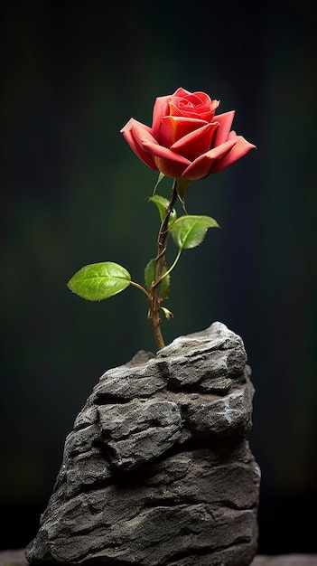 A lone rose grown on a rock in a nature art