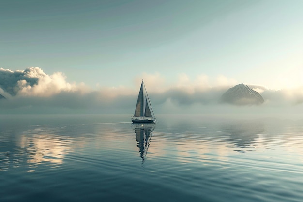 Photo a lone sailboat on a glassy lake octane render k