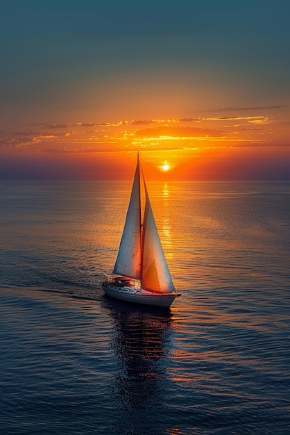 Foto una barca a vela solitaria su un vasto oceano al tramonto