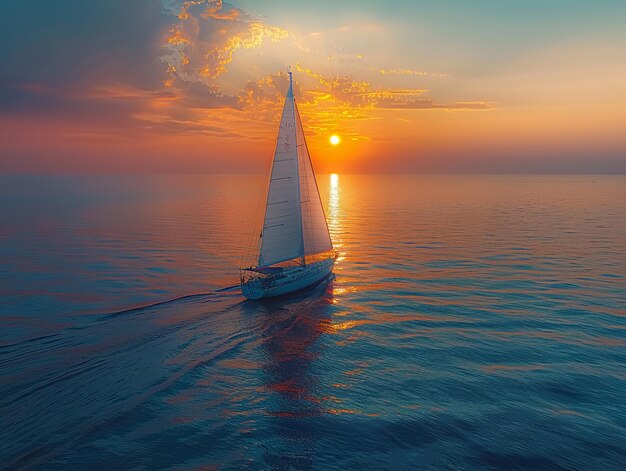 Foto una barca a vela solitaria su un vasto oceano al tramonto