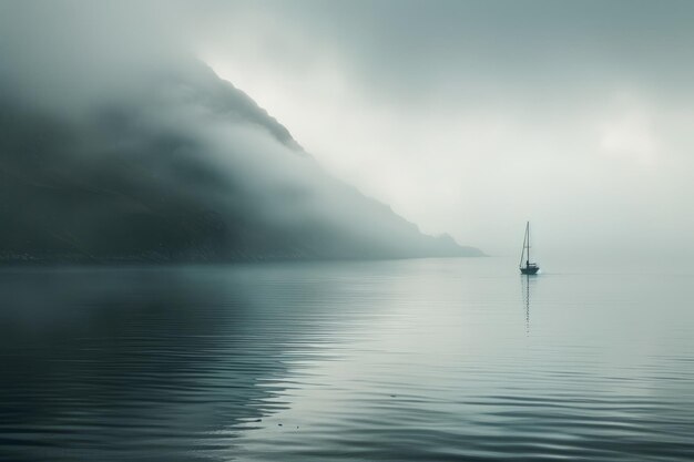 Photo a lone sailing boat on a misty fjord