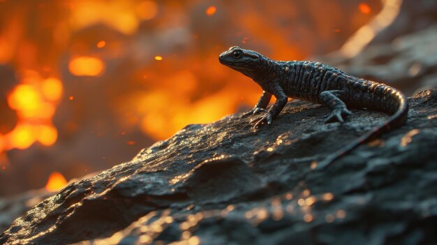 A lone salamander stands tall on a rock formation its body seemingly immune to the intense heat and