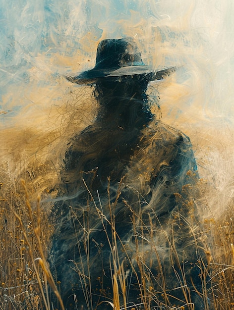 Photo lone scarecrow overlooking a blurred harvest bounty the figure blurs with the field