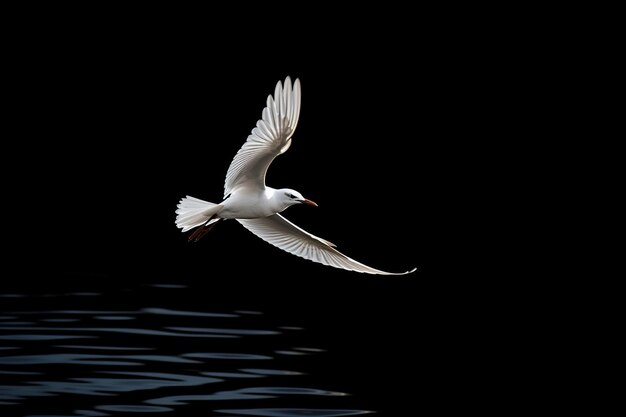 Lone seagull flying against black sky