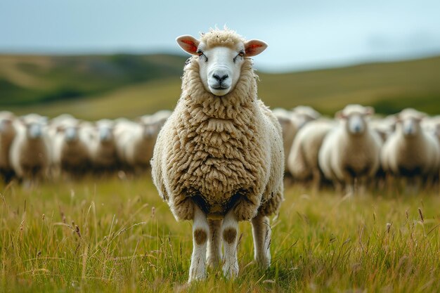 Lone sheep stands in front of flock of sheep in field on farm