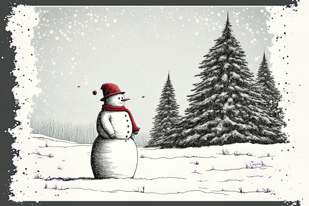 Одинокий снеговик зимой в красной шапке