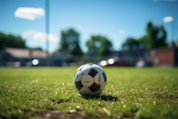 Lone soccer ball rests on lush sports field awaiting the next play