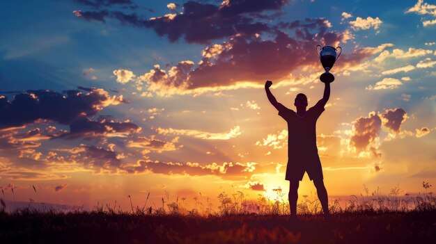 A lone soccer player silhouetted against a dramatic sunset triumphantly holding the championship trophy aloft Evoke a sense of victory and achievement