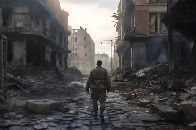 A lone soldier walks through the wartorn city between destroyed buildings Generative AI 3