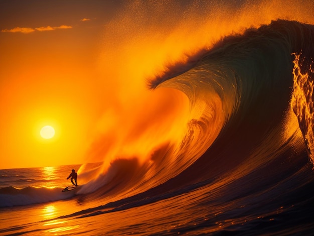 A lone surfer riding a massive wave with the sun setting behind them casting a golden glow