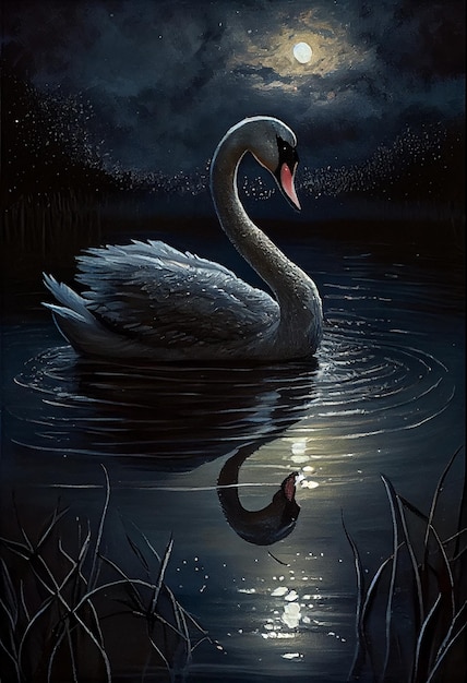 A lone swan swims in a pond under the moonlight AI generated