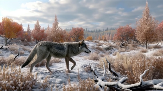 秋と冬に立つ孤独なシンリンオオカミまたはハイイロオオカミ Canis lupus 生成 AI