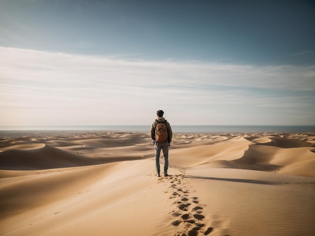 A lone traveler atop a sand dune in desert