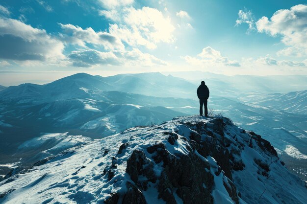 Lone Traveler on Snowy Mountain