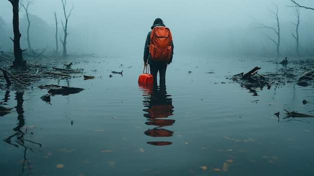 Photo a lone traveler with a bright orange backpack and suitcase stands amidst a misty wetland