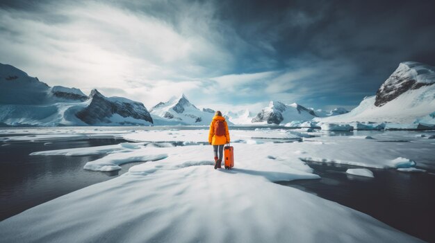 Foto viaggiatore solitario con una valigia arancione su terreno innevato viaggio e concetto di paesaggio da sogno ia generativa