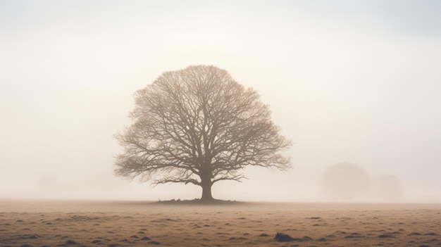 a lone tree in a field with a foggy sky