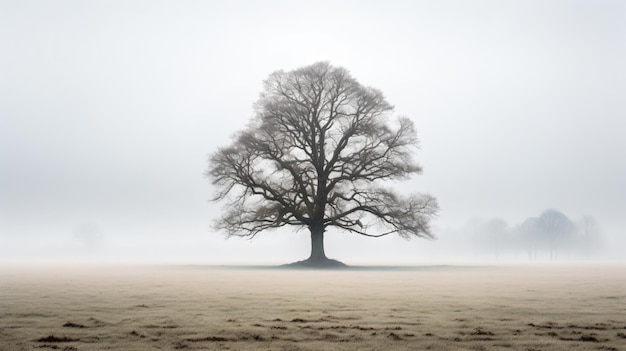 a lone tree in a foggy field