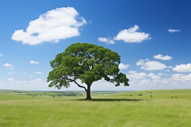 a lone tree in a grassy field under a blue sky