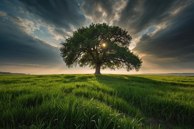 Lone tree in a green field under vast sky