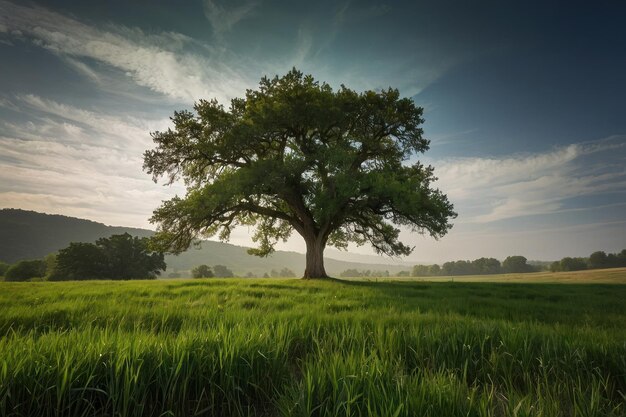 Lone tree in a green field under vast sky