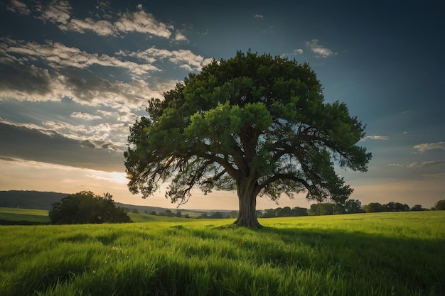 Lone tree in a green field under vast sky