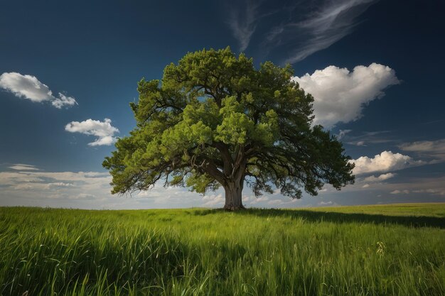 Lone tree in a green field under vast sky