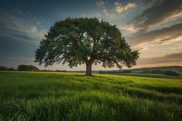 Lone tree in a green field under vast sky