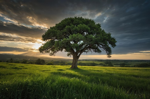 Lone tree in a green field under vast sky